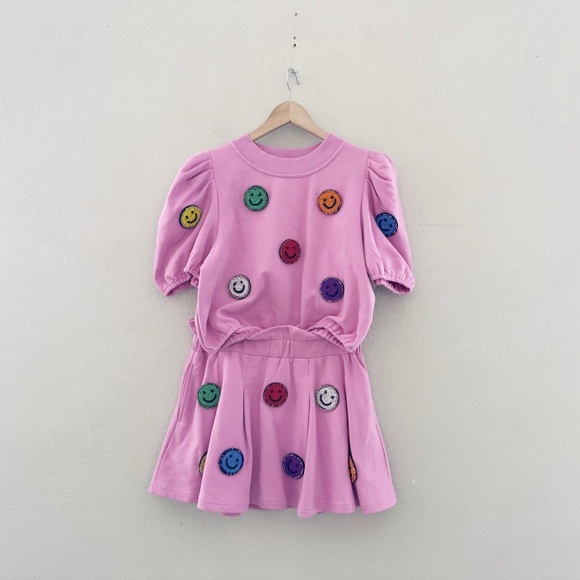 Queen Of Sparkles Smiley Face 3D Skort Set Med Pink Sweatshirt Skirt Casual Fun - Picture 6 of 16